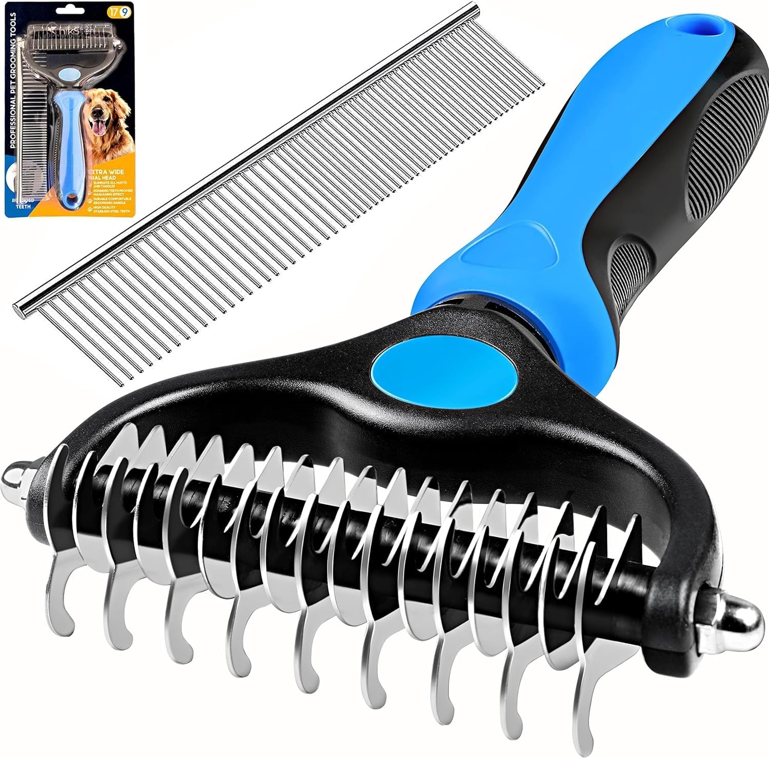 SILENCIO Undercoat Rake for Dogs Double Coat with Pet Comb, Pet Grooming Brush Double-Sided Deshedding Tool Removes Knot & Tangled Hair Dematting Comb for Dogs with Dog Comb for Grooming Furever Brush