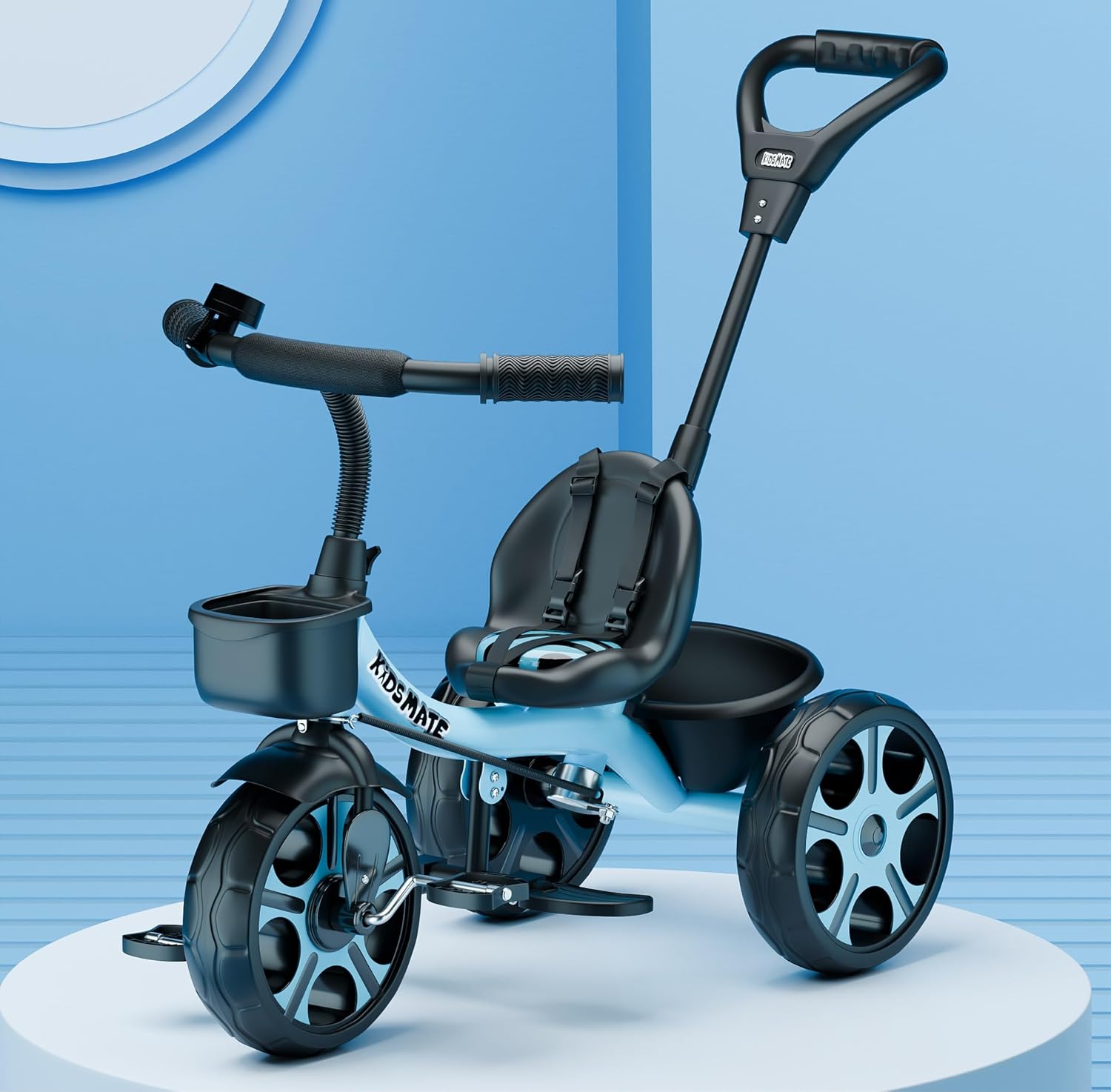 Kidsmate Junior Tricycle for Kids with Parental Control | Cycle for Kids 1-4 Years | Baby Cycle | Bicycle with Storage Basket, Cushion Seat and Seat Belt Carrying Capacity 30 Kgs (Blue)