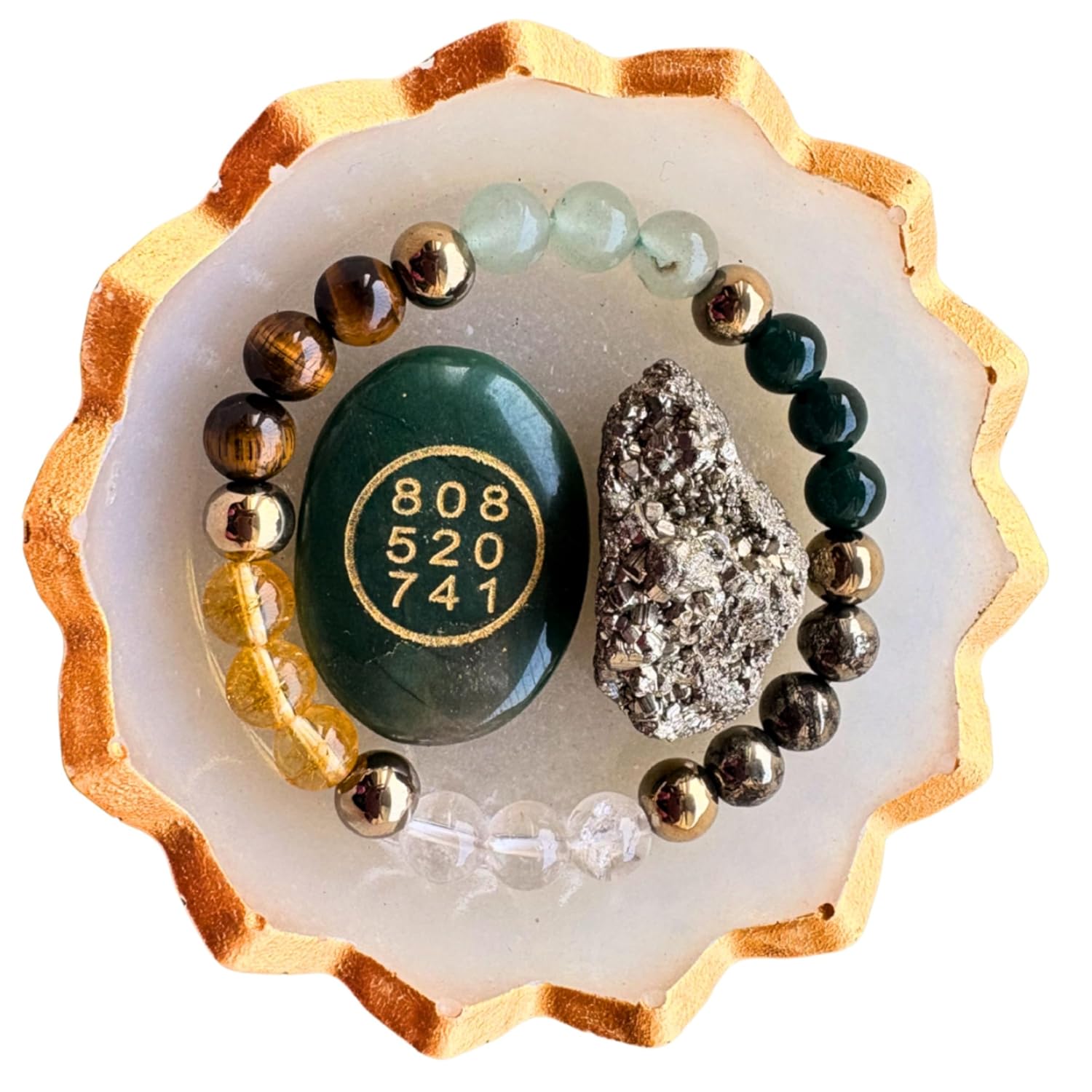 Certified original Dhanyog bracelet Combo for wealth & prosperity |Money attraction Bracelet Bead size (8mm), multicolour| with Natural & certified Pyrite stone cystal( 20-30 gms) and jade stone |Selenite charging bowl (9*9cms) with golden rim| Perfect Vastu gift for housewarming & business