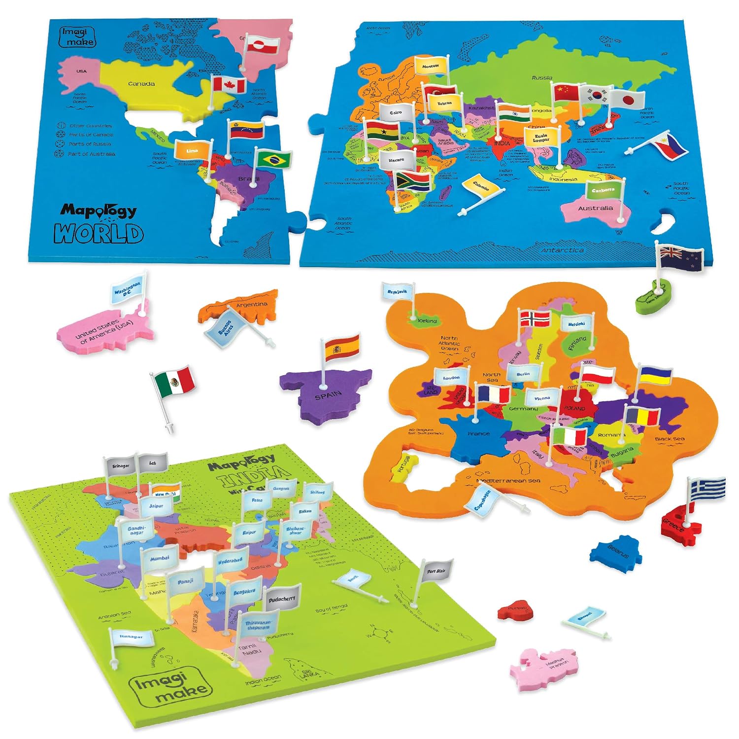 Imagimake Mapology India & World Map with Capitals |Educational Toy |Age 5+ | India & World foam map puzzle: 4 EVA frames, 103 pieces, 100 flags; learn states, 65+ countries, flags & capitals