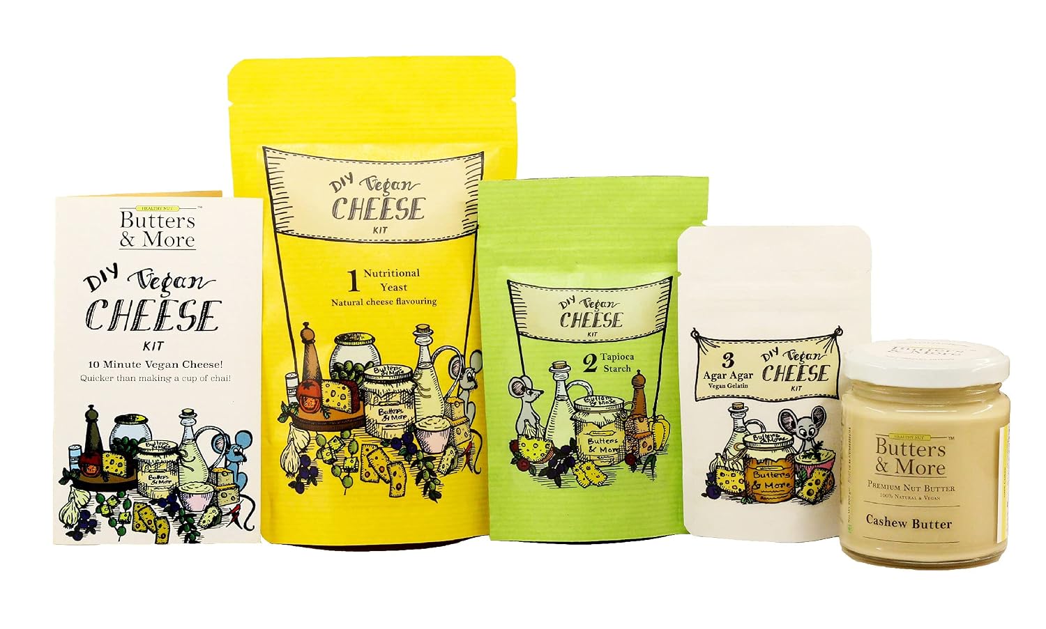 Butters & More DIY Vegan Cashew Cheeze Kit. Make Upto 700g of Vegan Cheeze in 10 mins. (Included: Cashew Butter+Nutritional Yeast+Tapioca Starch+Instruction Manual)