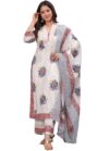 Amayra Women’s Pure Cotton Printed Straight Kurta Set with Palazzo Pants & Dupatta- Ethnic Wear, White