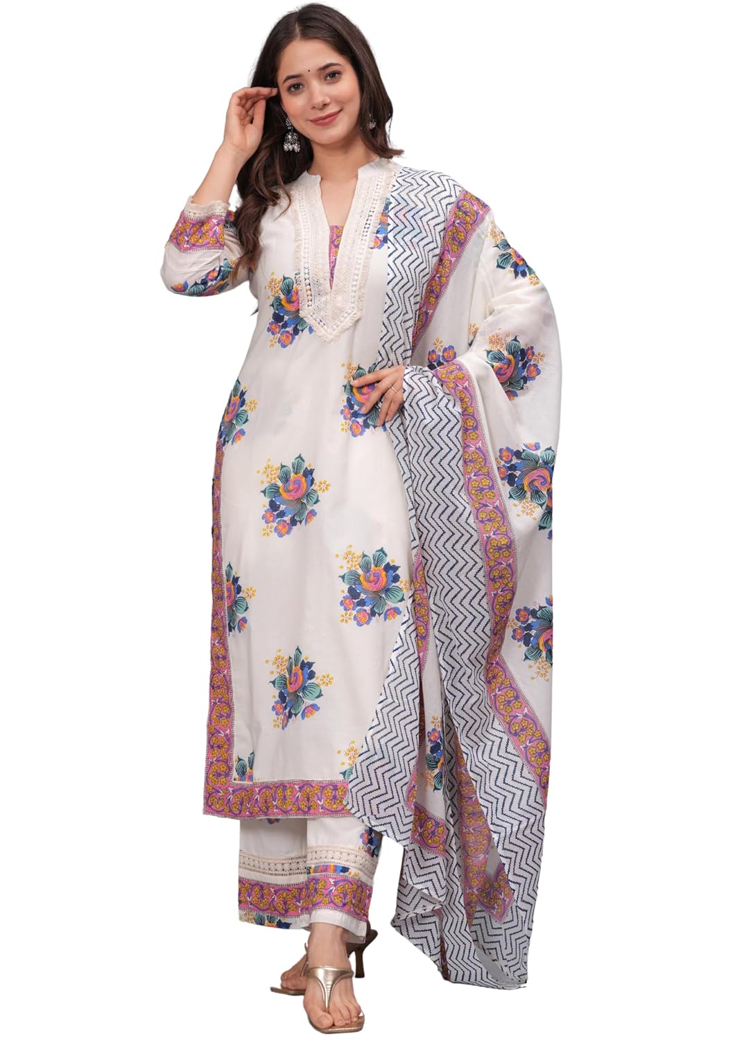 Amayra Women's Pure Cotton Printed Straight Kurta Set with Palazzo Pants & Dupatta- Ethnic Wear, White