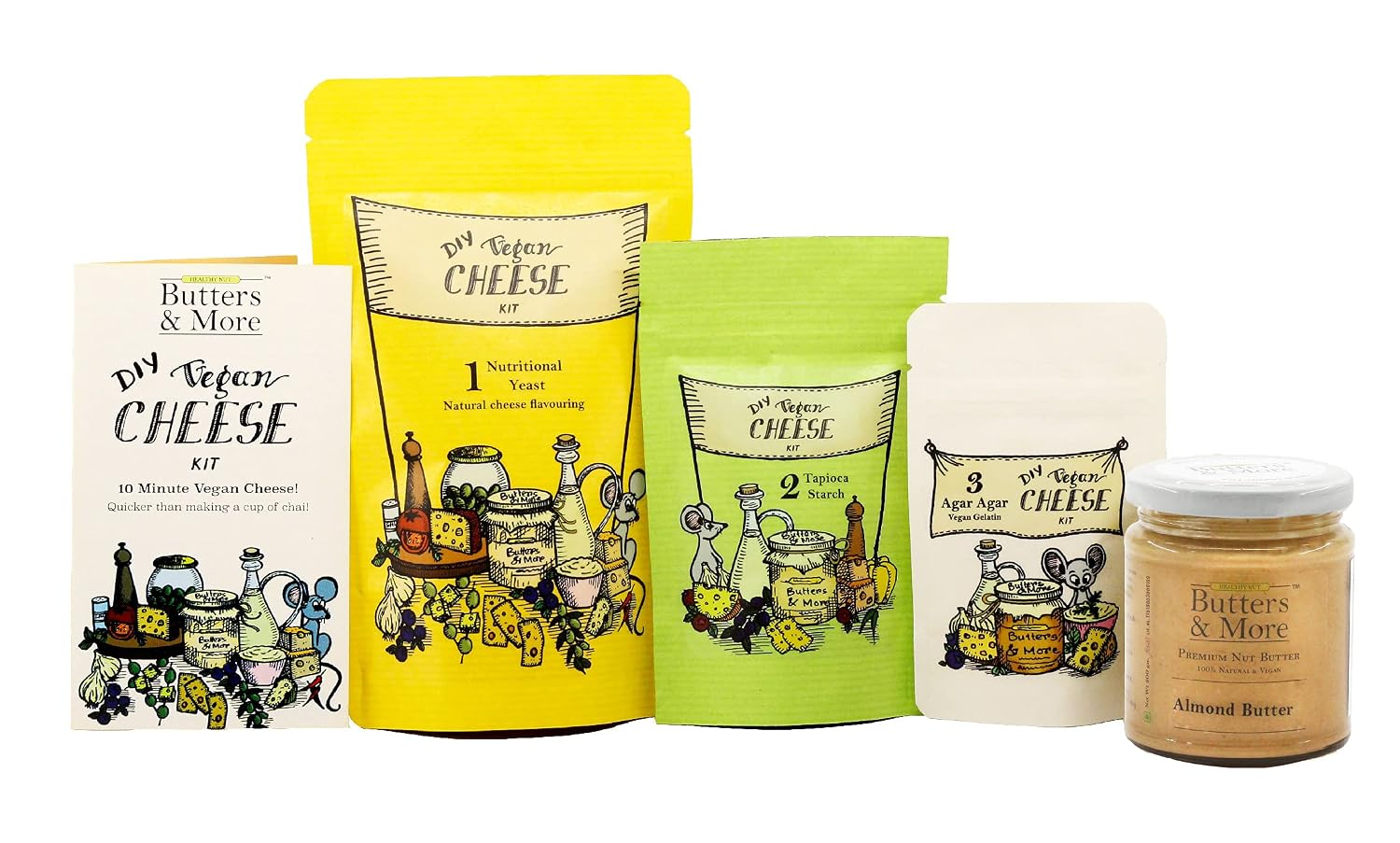 Butters & More DIY Vegan Almond Cheeze Kit. Make Upto 700g of Vegan Cheeze in 10 mins. (Included: Almond Butter+Nutritional Yeast+Tapioca Starch+Instruction Manual) (DIY Vegan Cheeze Kit)