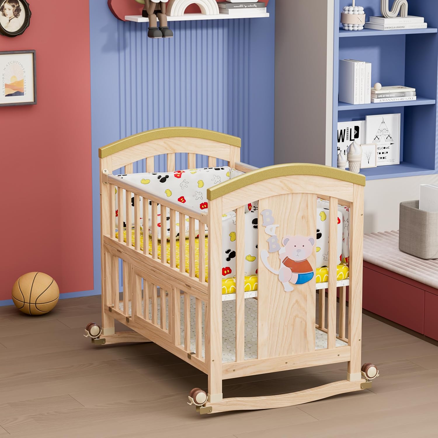 BabyTeddy ® 9 in 1 Patented Multifunctional Baby Crib Baby Wooden Cot Baby Bed Cradle Bedside Crib Rocker Swing Convertible Desk Kid’s Sofa Mode and Mosquito Net (Natural)