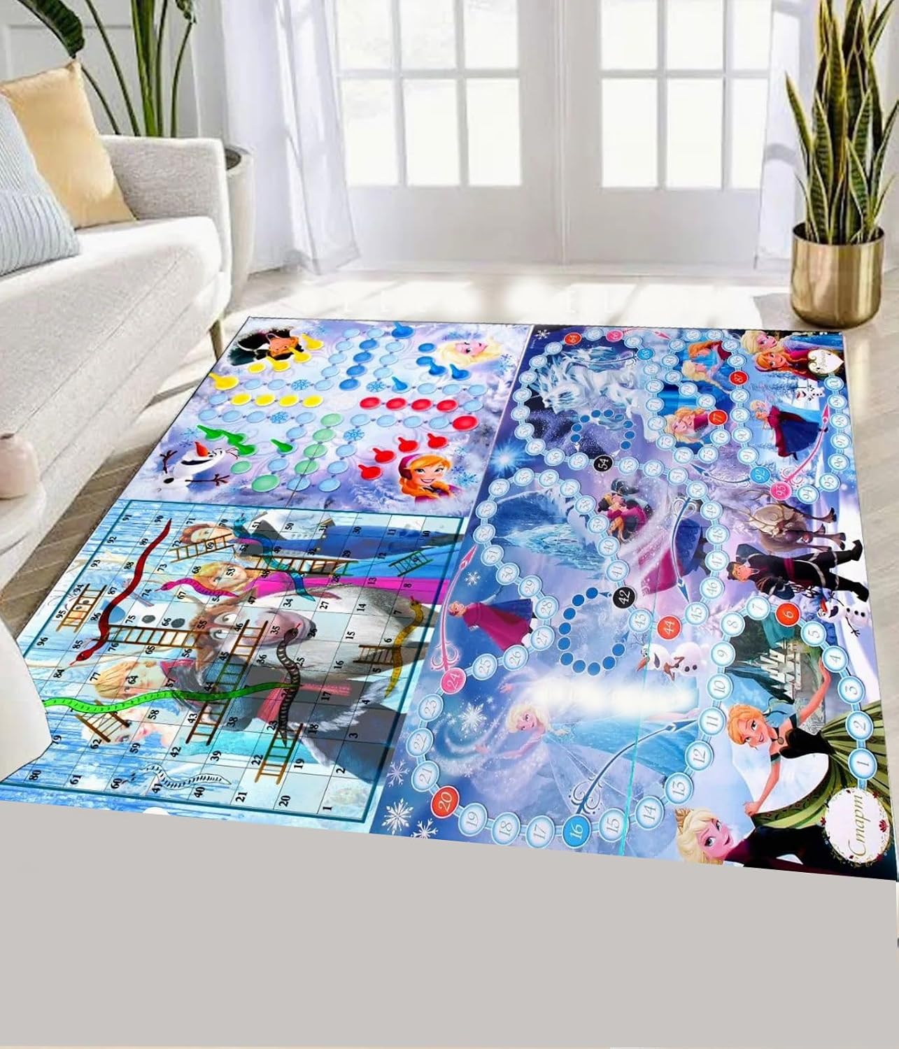 MUREN Jumbo 3 in 1 Ludo, Snake & Ladder Big Size Reversible Kids Play Mat 54 X 54 Inches with 5 X 5 Inch Dice & Tokens, Anti-Skid Jumbo Family Fun Outdoor/Indoor Activity (Frozen Princess)