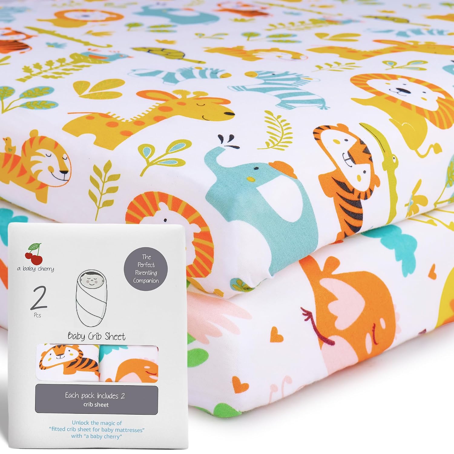 A Baby Cherry Fitted Crib Sheet 100% Organic Jersey Cotton 125 * 65CM, 2 Pack Super Soft and Cozy Crib Cover Set for Toddler Mattress, Crib Bedsheet for Boys & Girls, Bird & Jungle
