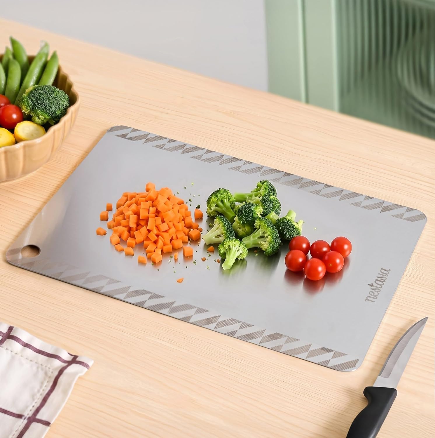 Nestasia Stainless Steel Chopping Board for Kitchen (35cm x 25cm) – Geometric Motif Engraved Steel Cutting Board for Chopping Fruits & Vegetables | Anti-Skid, 100% Food Safe & Rust Resistant