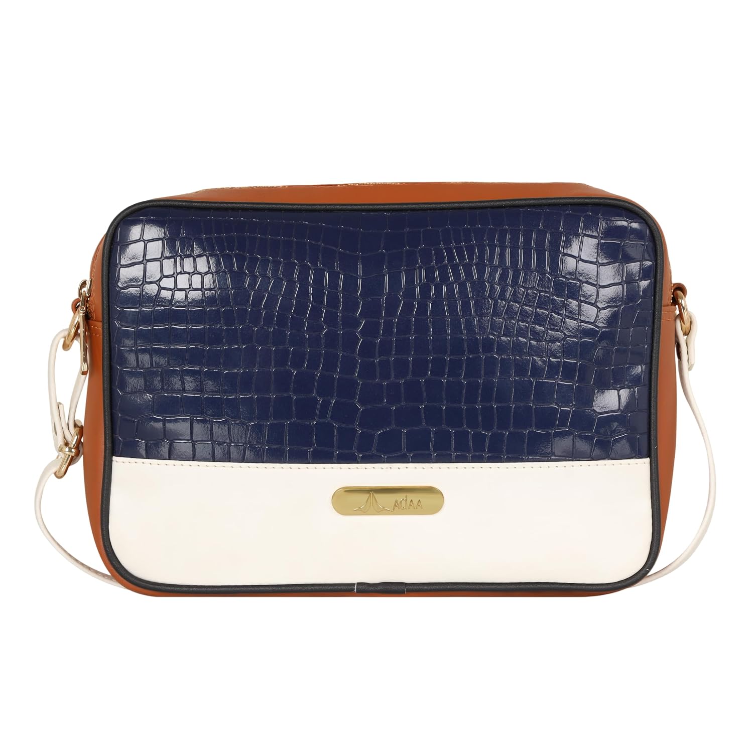 Adaa Color Block Messenger Sling Bag with Croc Embossed Texture, Structured Crossbody Side Purse | Adjustable Strap for Travel Office and Casual Wear, Brown Tan Off White