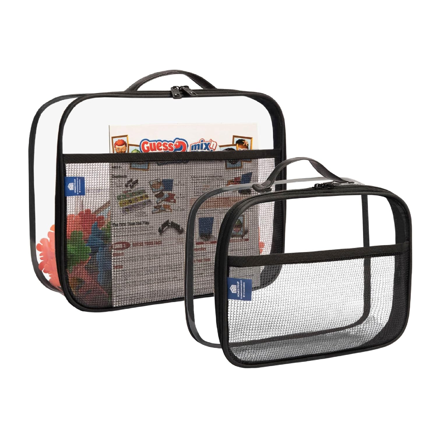 Homestrap Set of 2 Multi-Purpose Transparent Storage Bags for Toys & Board Games | Waterproof, Durable & Portable | Includes Handles & Mesh Pocket for Books & Games | Ideal for Kids’ Rooms & Travel