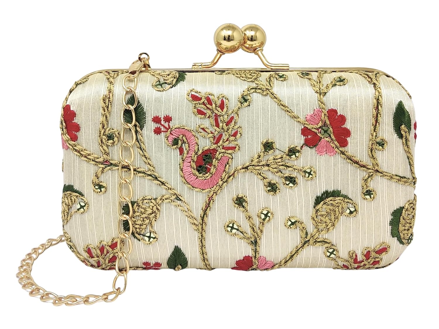 Floral Embroidered Evening Clutch Bag for Women and Girls, Gold Detachable Chain, Kiss Lock Closure, Multi-Colour, Ladies Purse Handbag