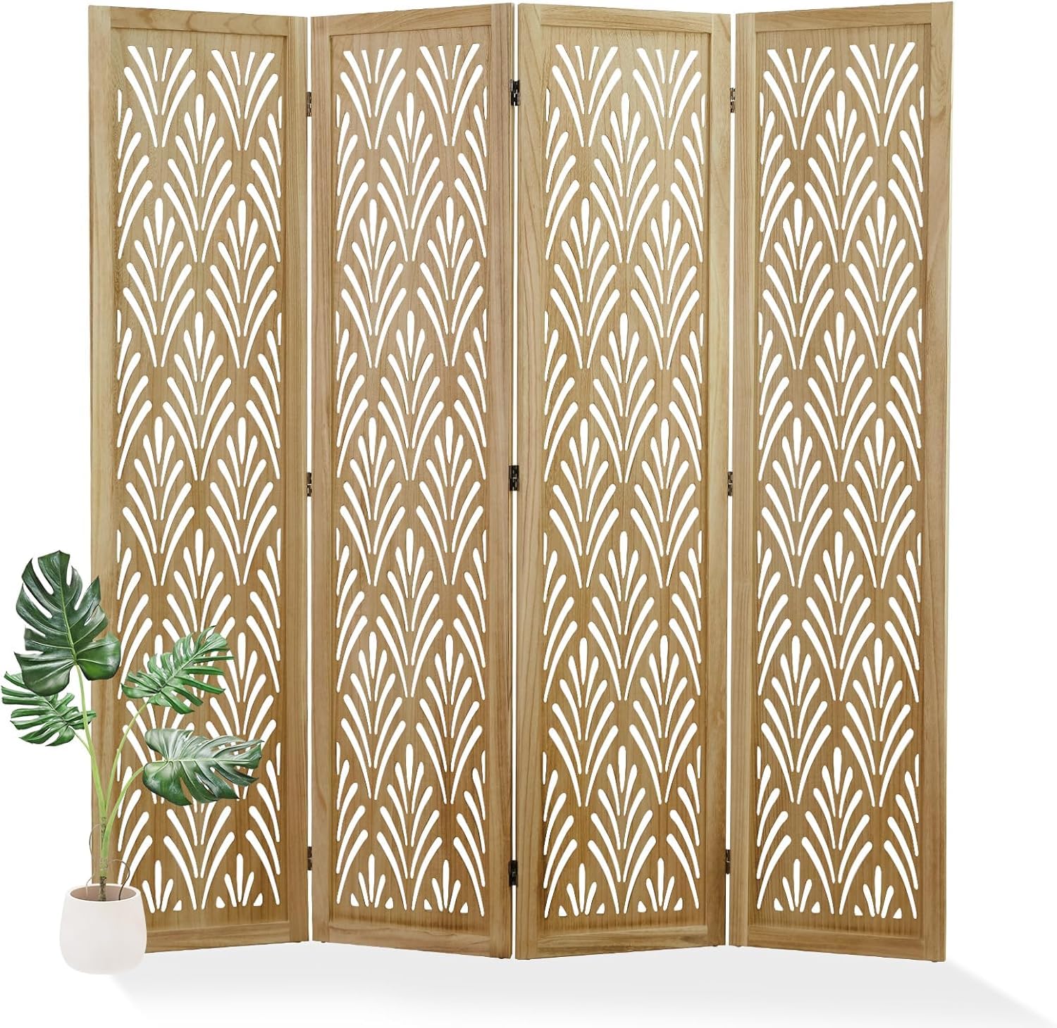 Wooden Living Partition Room Divider 4 Panel | Foldable Privacy Screen with Geometric Cut-Out Design | Pooja Room Partition for Living Room, Bedroom & Office (Teak Finish)