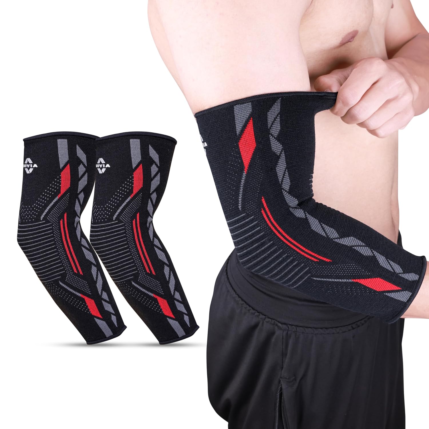 Nivia Knitted Elbow Support for Men & Women, Compression Elbow Sleeve, Elbow Brace for Men, Ideal for Gym, Weightlifting, Fitness, Training & Injury Prevention (Pair) (Red/Black, S)