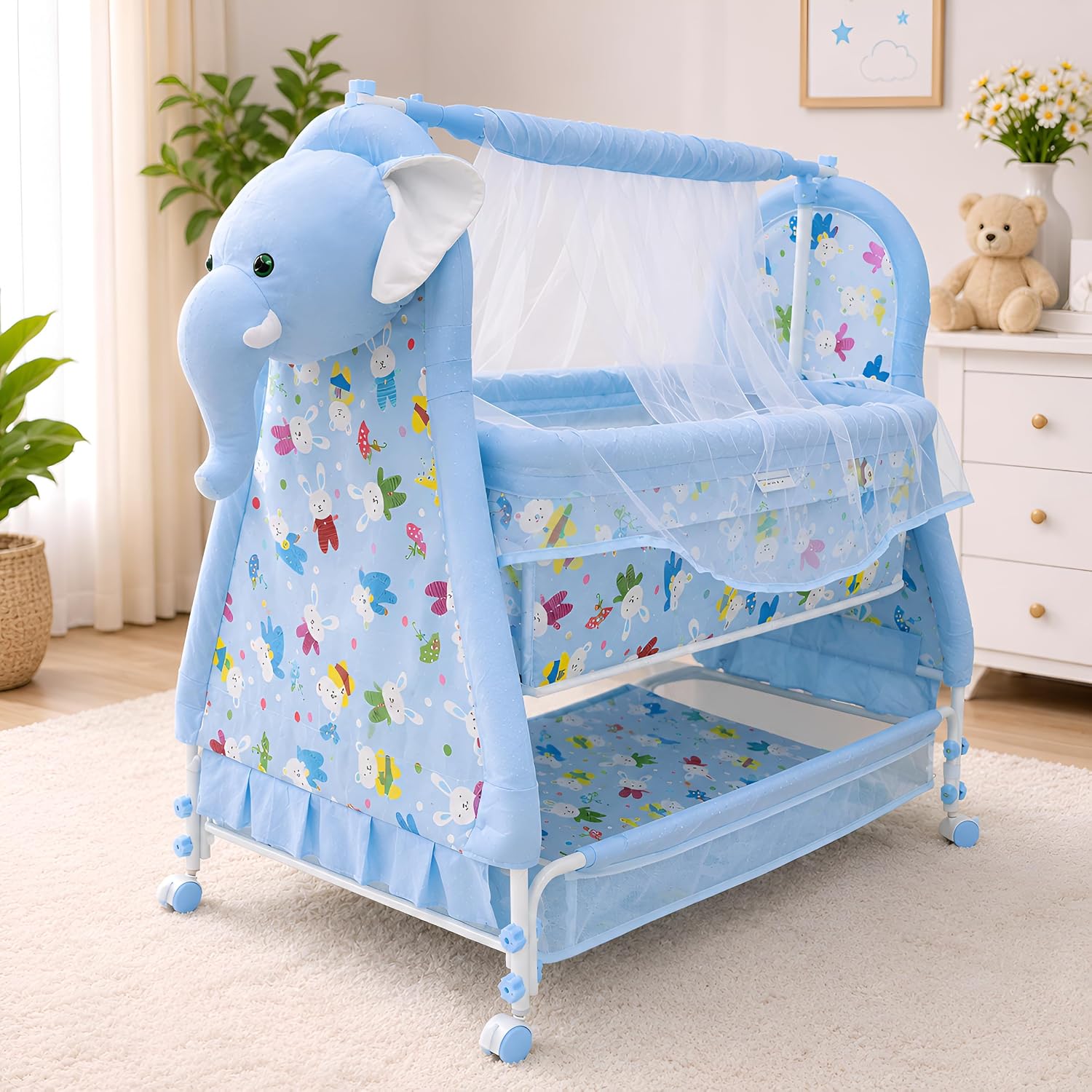 Funbaby New Born Baby Swing Cradle Crib Jhula with Mattress Pillow Adjustable Height and Mosquito Net Bassinet & Wheels (Elephant Blue)