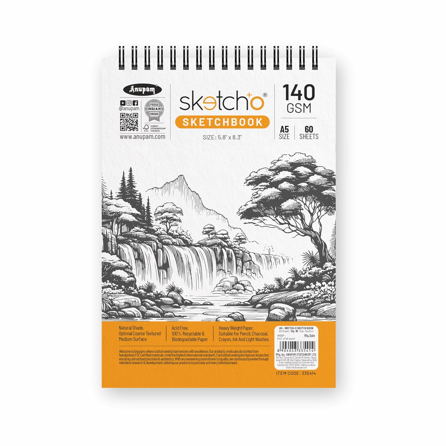 Anupam Sketch-O Sketchbook A5 | 60 Sheet 120 Pages | 140GSM | Durable Acid Free Drawing Paper |Top Spiral-Bound Sketchpad for Artists Kids & Professionals for Marker Colored Pencil Charcoal