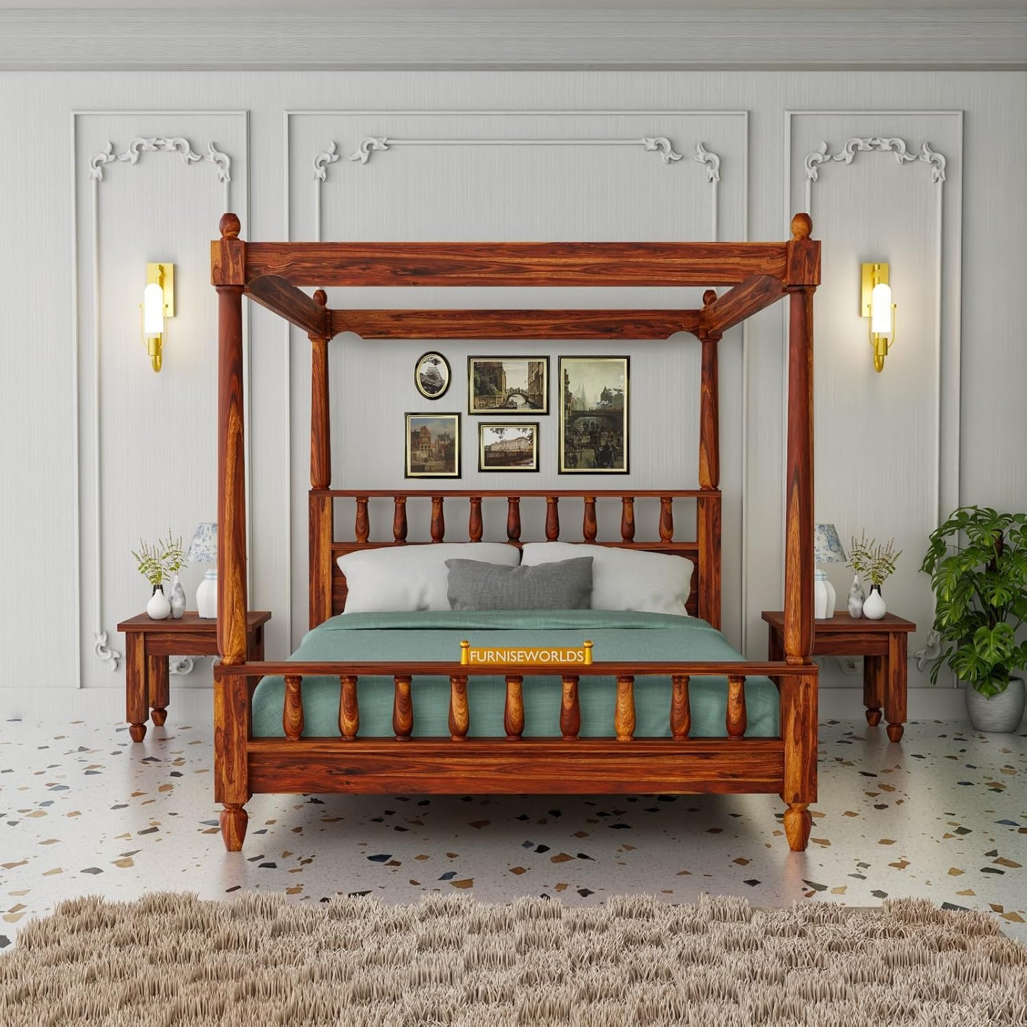 Poster Bed Solid Sheesham Wood Queen Size Bed for Bedroom, Wooden Double Bed, Cot Bed Furniture 1 Year Warrenty (Honey)