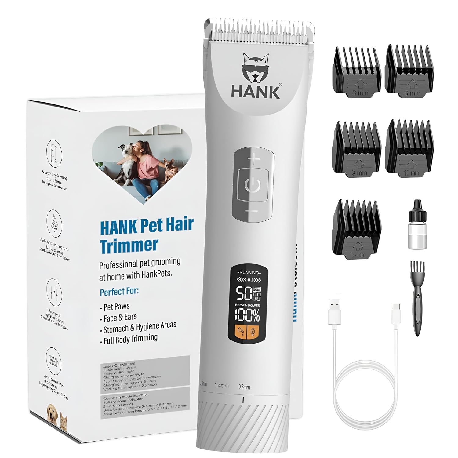 HANK Dog Hair Trimmer – Pet Hair Clipper for Cats – Fur Grooming Shaver – Titanium Blade – LCD Display – Cordless – 3 Speed Mode – Low Noise – Rechargeable Thick Hair Cutting Machine
