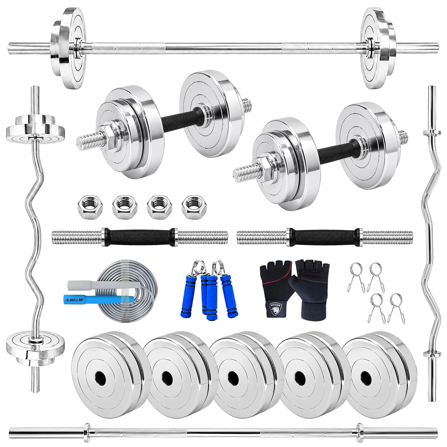BULLAR 30Kg Steel Home Gym Set with 5Ft Straight Rod, 3Ft Curl bar, Steel Weight Plates Combo, Gym Equipment for Home Workout Exercise Kit for Fitness