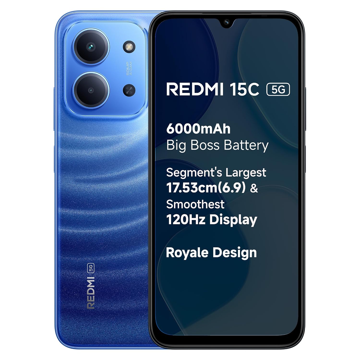 REDMI 15C 5G Moonlight Blue 6GB + 128GB | Royale Design | Massive 6000mAh Battery | Segment’s Largest Display 17.53cm Up to 120Hz | MediaTek Dimensity 6300 | 33W Fast Charging | 50MP AI Dual Camera