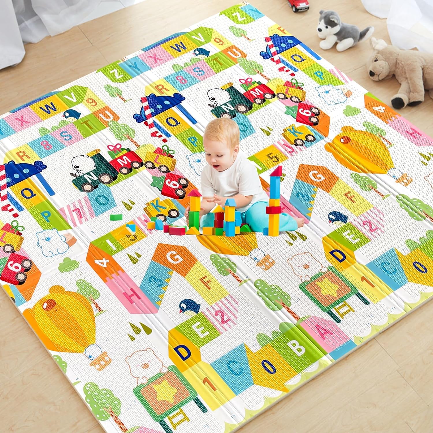 TARKAN Extra Large Reversible Baby Play Mat, BIS Safety Certified, BPA Free Foldable Foam Crawling Mat (6.5×5 ft, 6mm Thickness) Alphanumeric-Giraffe