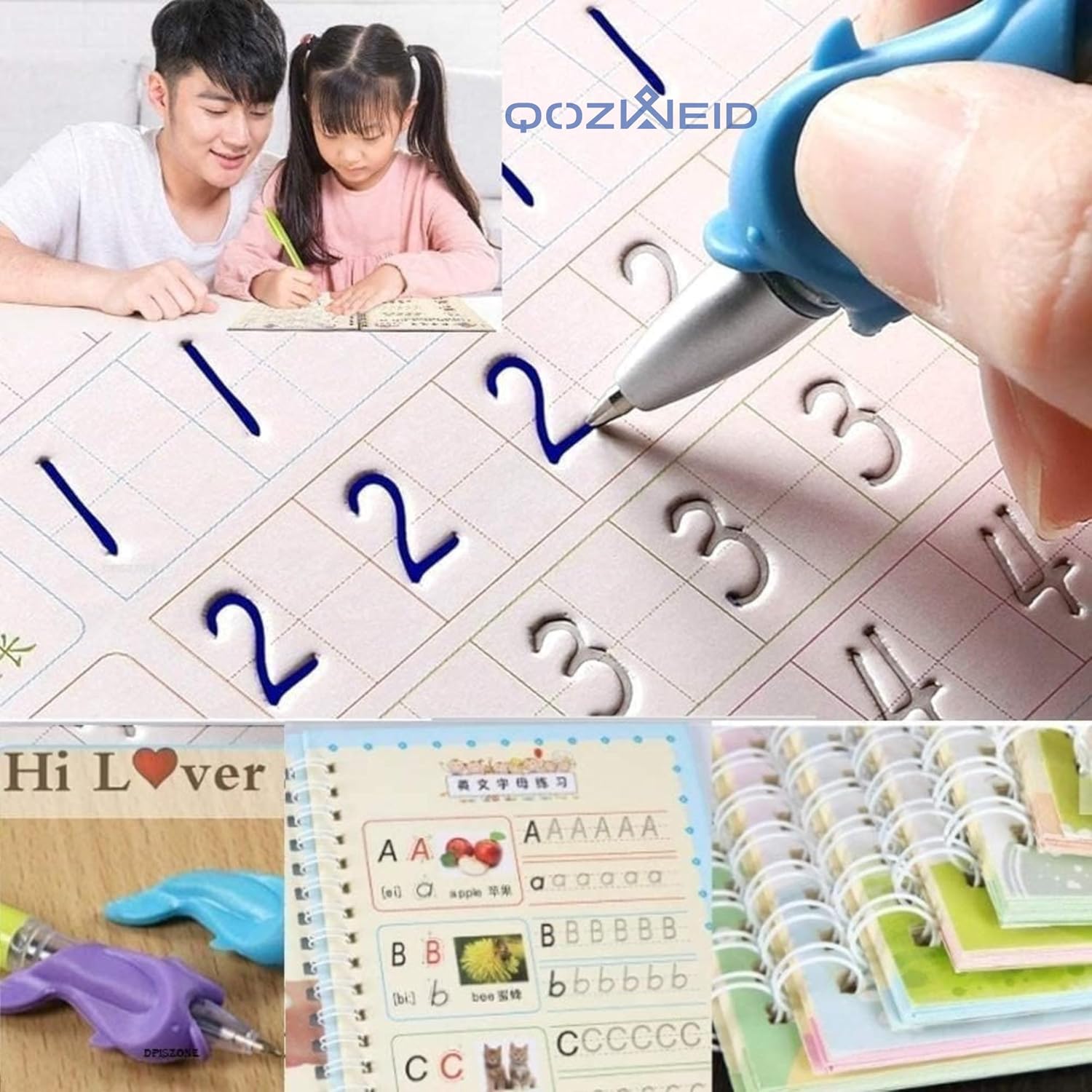 QOZWEID Magic Calligraphy, Homeschool Supplies, Preschool workbook, Numbers & English & Drawing & Mathematics Auto Fade Pen & 4 Books – 10 Riffile 1 Grip 1 pen (model -2026) size 19×3 cm