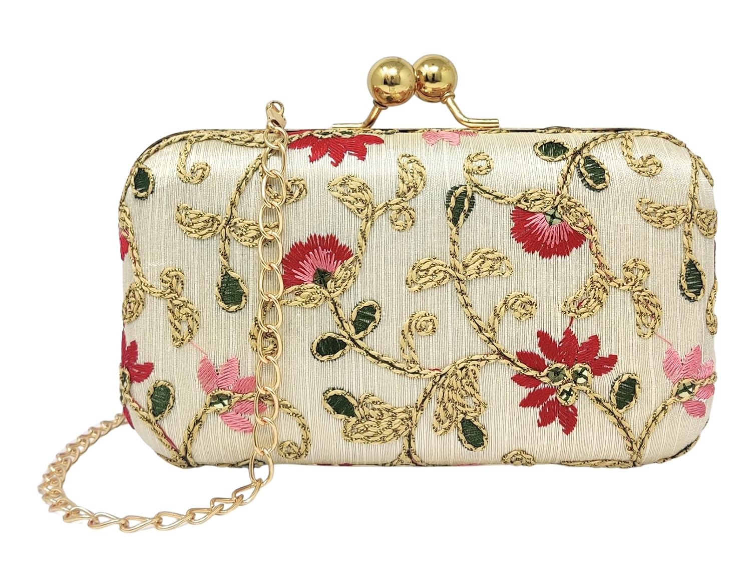 Floral Embroidered Evening Clutch Bag for Women and Girls, Gold Detachable Chain, Kiss Lock Closure, Multi-Colour, Ladies Purse Handbag