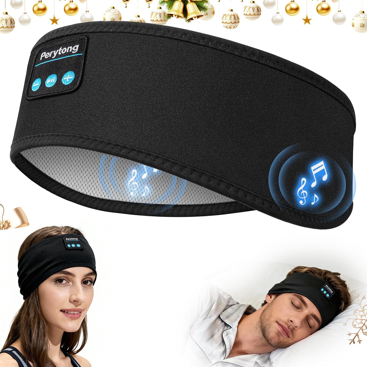 Perytong Sleep Headphones Bluetooth 5.4 Headband, Sleep Headband Headphones for Side Sleepers, Built-in HD Stereo Speakers & Long-Lasting Time Battery, Sports Headband Music Earphones for Nap