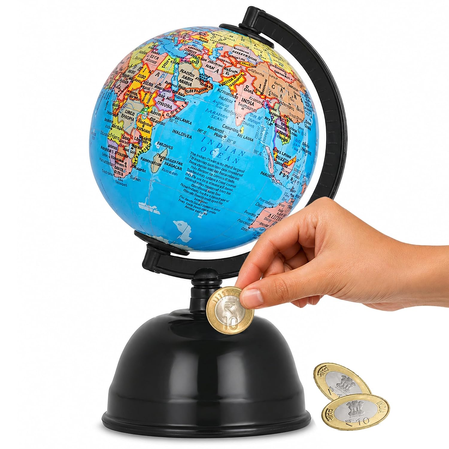 Premium World Map Globe With Money Bank for Kids & Home Decor, Stylish Office Table Decoration Item, Educational Toy for Kids, Study Desk Globe Coin Bank with Metal Base, Gift Item