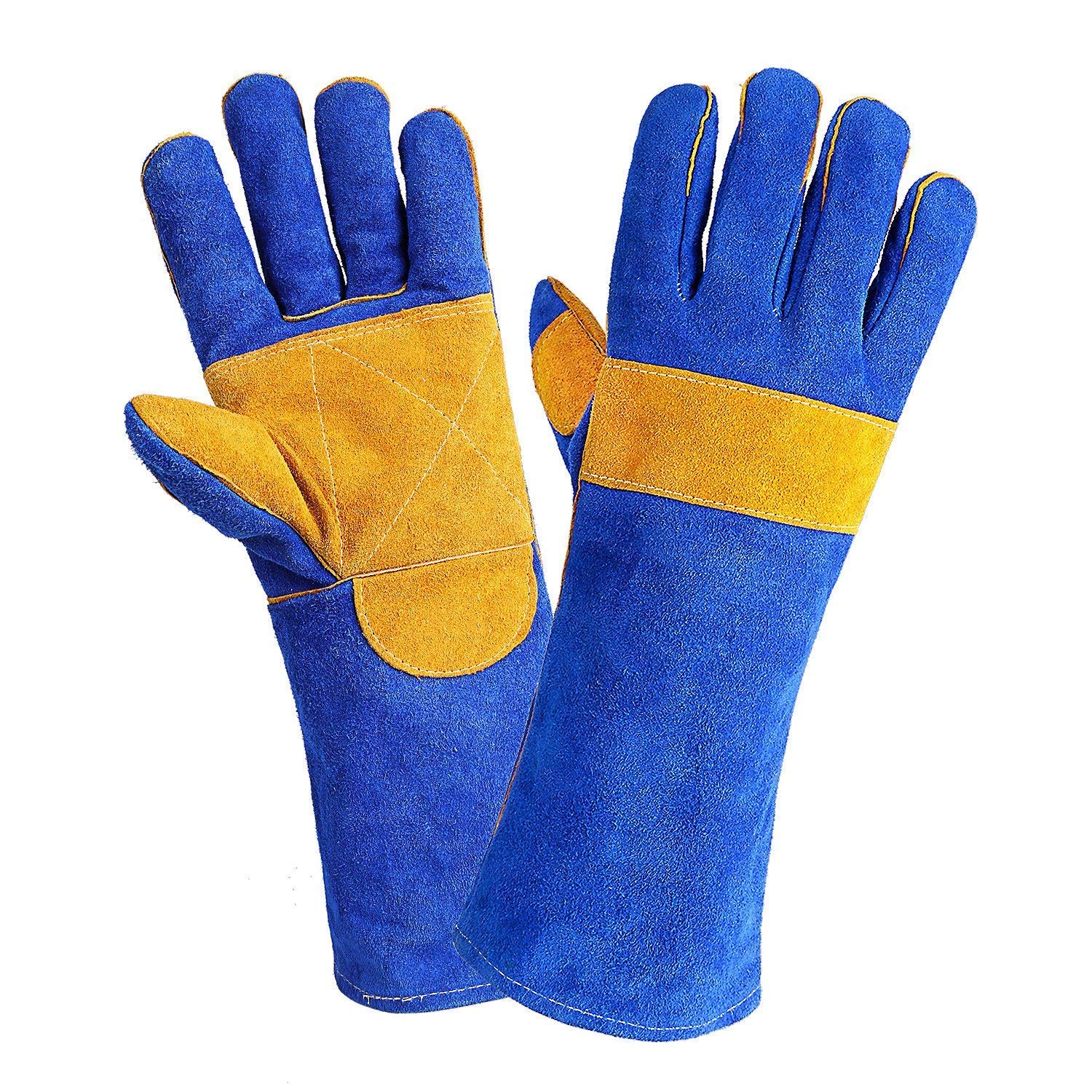 Animal Handling Leather Gauntlet Gloves, Bite Proof Protection from Dog, Cat, Bird, Snake, Kevlar Stitch Gloves for Groomers, Pet Owners (Blue-Yellow, 18 inch, Pack of 1 Pair)