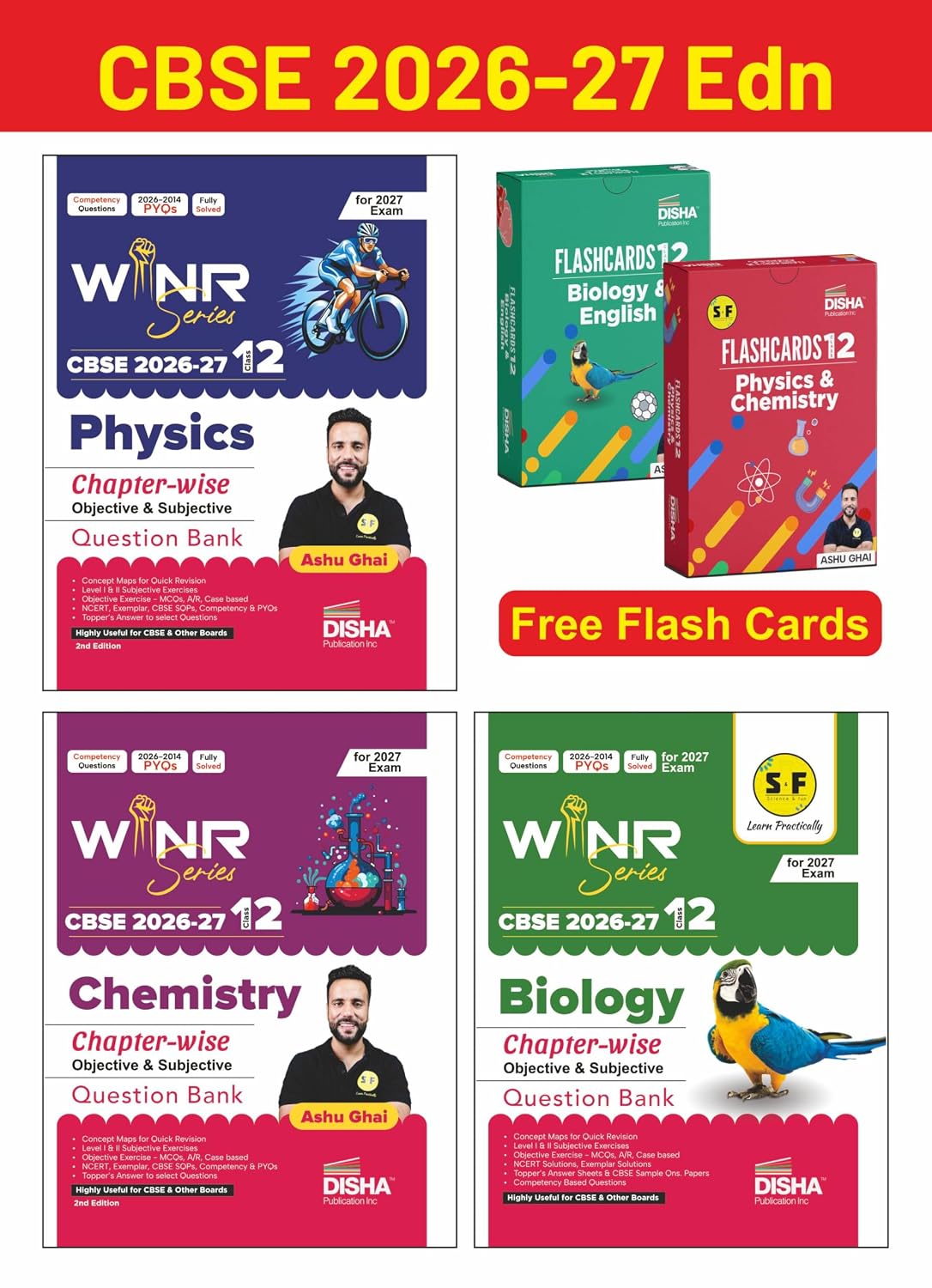 Combo (3 Books) WINR Series CBSE 2026-27 Class 12 Physics, Chemistry & Biology Chapter-wise Objective & Subjective Question Bank with FREE Flash Cards | For 2027 Exam | Fully Solved