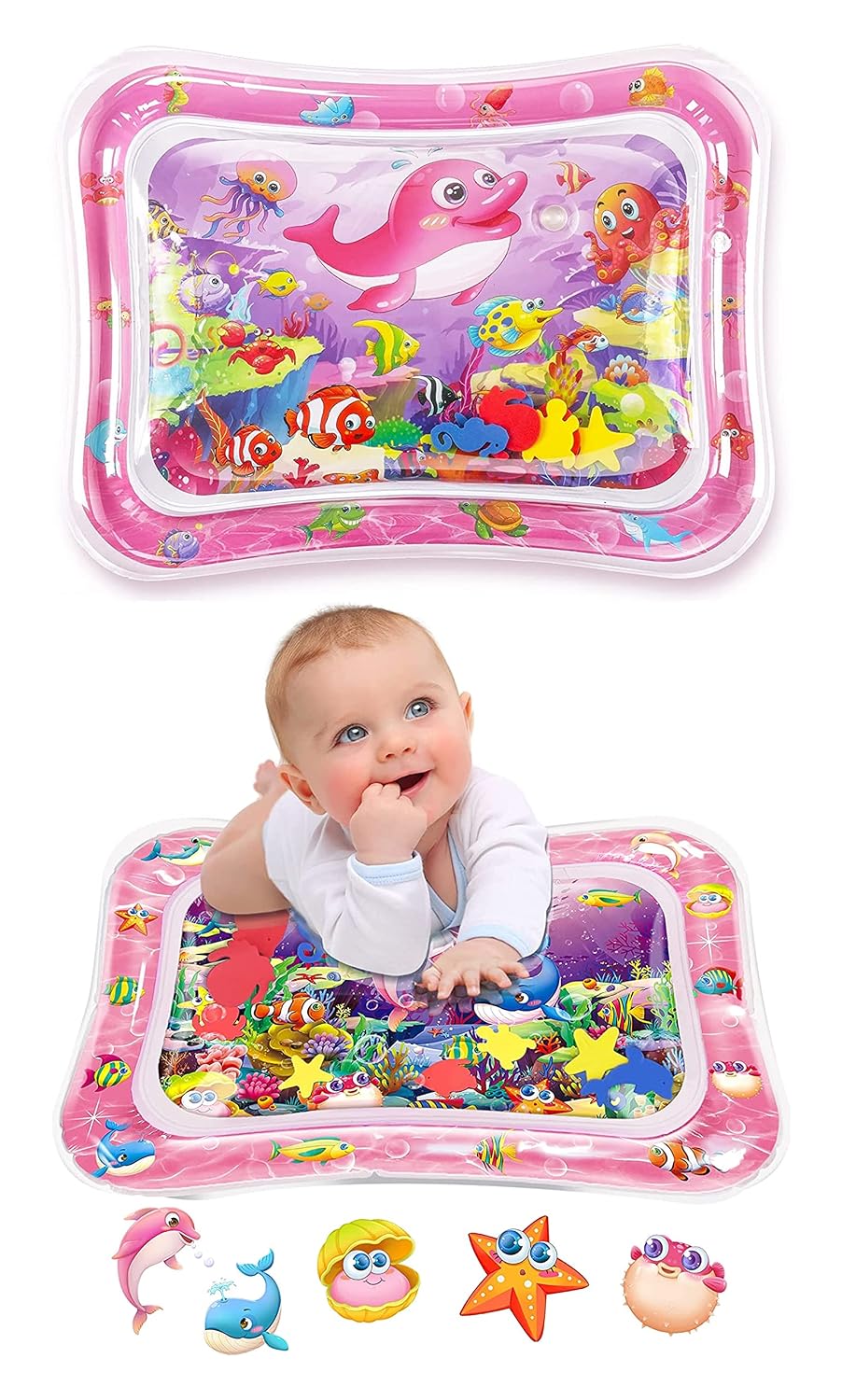 MUREN® Tummy time Play mat for Babies (Size 24”x20”) Leak-Proof Water Crawling Inflatable Mat with 5 Floating Toys for 3 4 5 6 7 8 9 10 Months Newborn Toddlers & Kids (Multicolor -Pink)