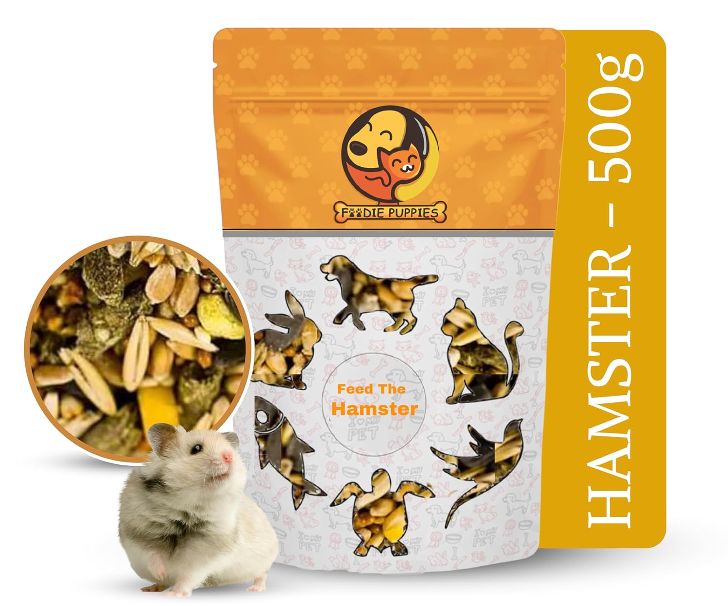 Foodie Puppies Premium Hamster Food Pellets Highly Nutritious Diet Essential Ingredients for a Healthy and Active Lifestyle for Your Hamster (Pouch – Hamster Food, 500g)