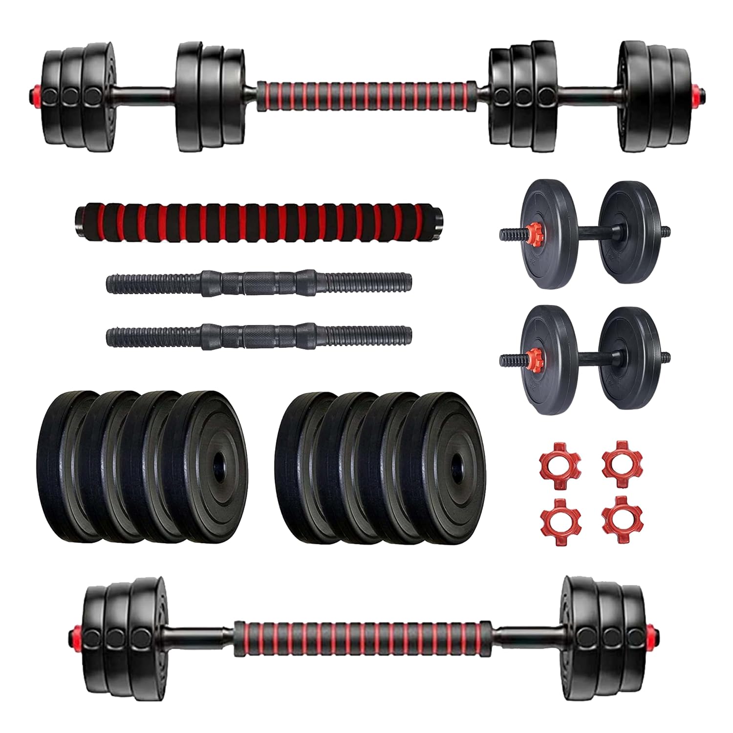 Protoner PVC 3 in 1 convertible DM 4-40 Kg Dumbbells Set and Fitness Kit for Men and Women Whole Body Workout (16 kg (2 kg x 8), 3 in 1 convertible) Red Black