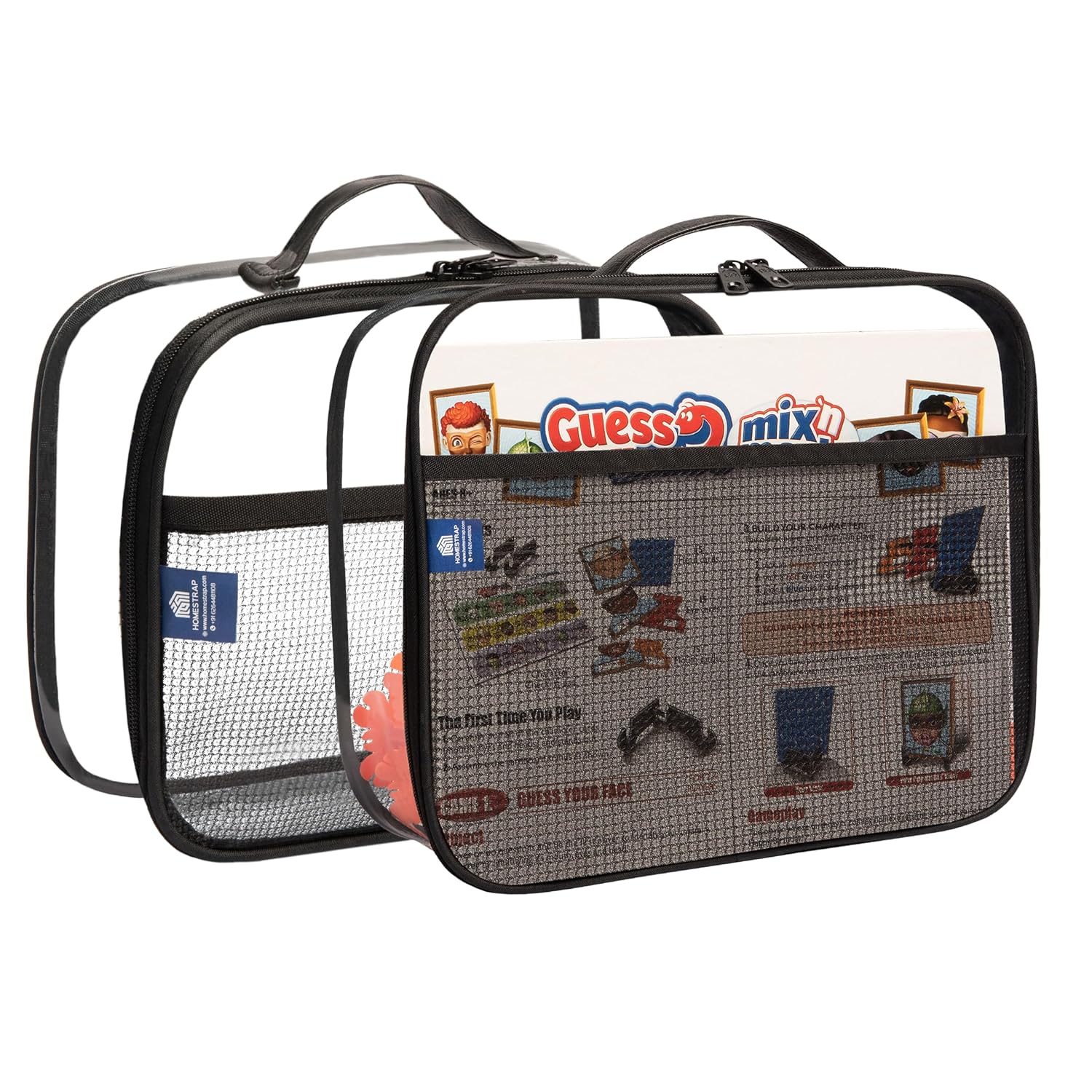HomeStrap Set of 2 Large Multi Purpose Transparent Toy & Board Game Storage Bags | Waterproof, Durable & Portable | Organizer with Handles & Mesh Pocket for Books & Games