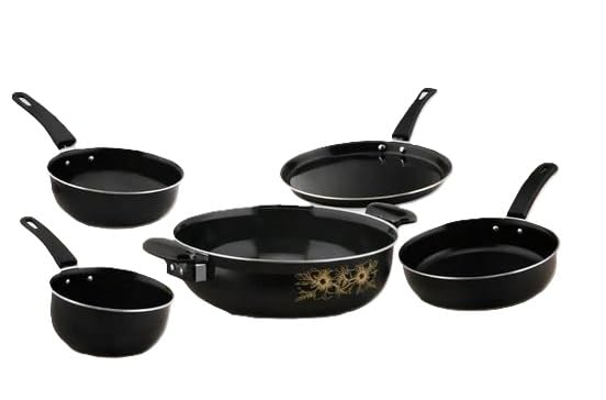 5 Piece Cast Iron Induction Non Stick Cookware Set Kadai Fry Pan Tawa Saucepan Milk Pan Kitchen Daily Use Black Free Size