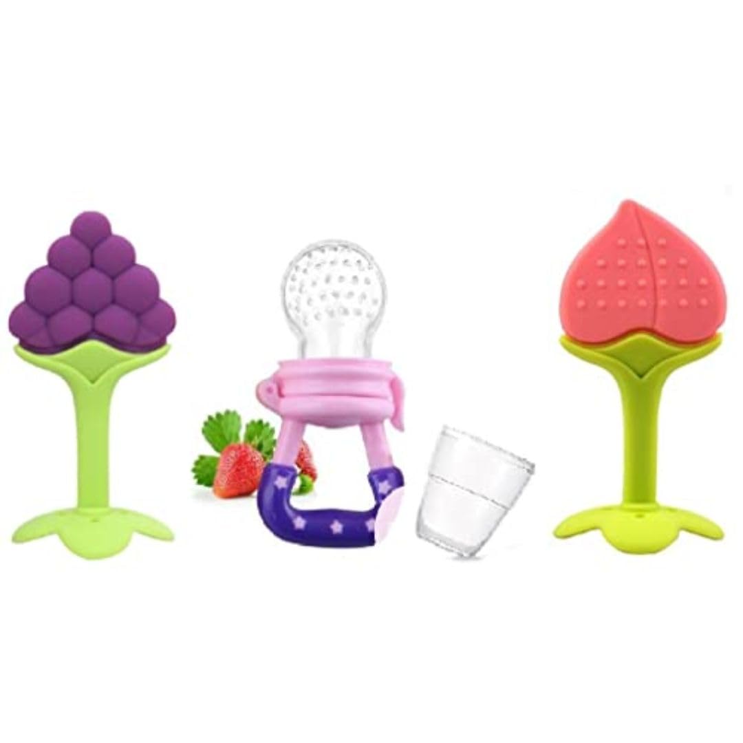 Silicone Fruit Shape Teether (2 Pcs) & Baby Feeder/Nibbler Pacifier (1 Pc) | BPA Free Soft Chew Toy for Teething Relief & Anti-Choking Fresh Food Feeder for Infants 3-12 Months