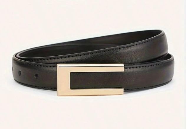 Women’s Slim Leather Belt with Gold Rectangular Buckle Adjustable Waist Design for Dresses Jeans Skirts Outfits