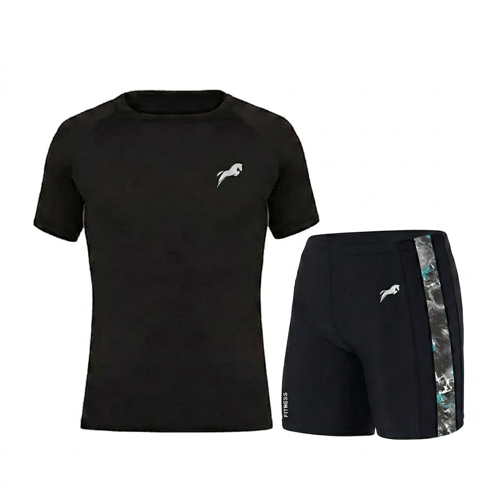 JUST RIDER Swimwear Half Sleeve T-Shirt and Shorts for Men & Women Men’s Swimming T-Shirt and Swimming Shorts Set, Polyester, Quick-Dry, Chlorine-Resistant, Flatlock Seams