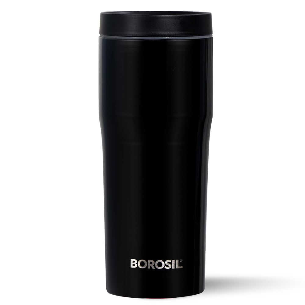 Borosil 500ml Hike Stainless Steel Flask Tumbler | Double Wall Vacuum Insulated | 9 Hrs Hot & 13 Hrs Cold | Leakproof & Wide Mouth | Fits in Car Holders, for Home, Office, Sports, Black