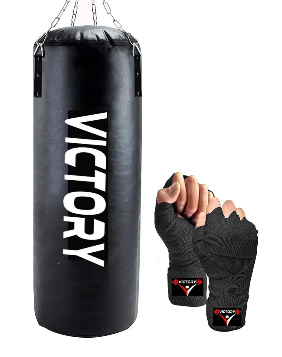 VICTORY Heavy Synthetic Leather Boxing Punching Bag Black | Hand Wrap | Stainless Steel Hanging Chain | Boxing | MMA | Kickboxing | Muay Thai | Karate | Judo | Taekwondo (3 Feet)