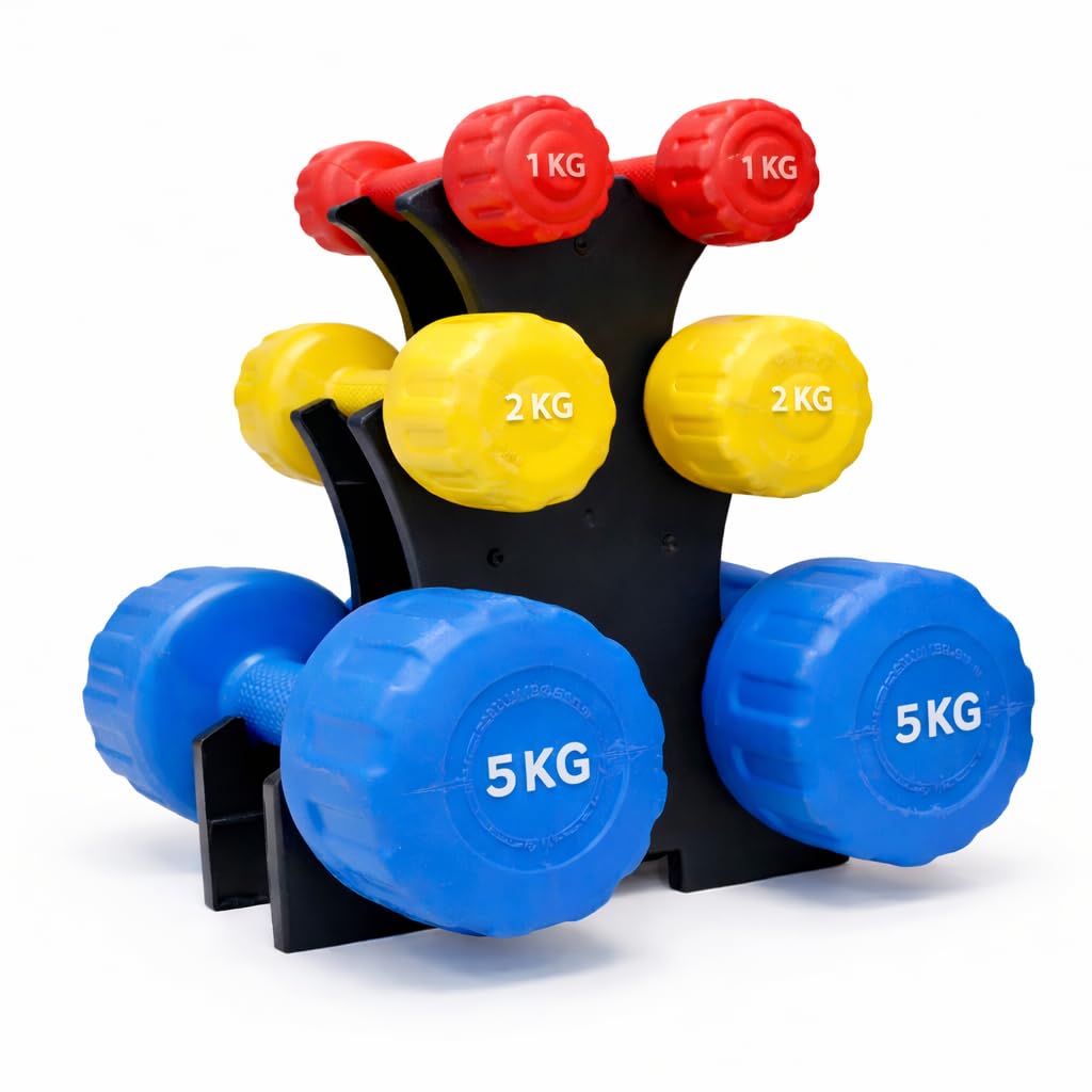 De Jure Fitness Dumbbell Set with Stand for Home Gym | 1kg 2kg 5kg 3 Pair Dumbbells Set | PVC Weight Set with Rack | Space Saving Compact Stand | Strength Training Workout Equipment
