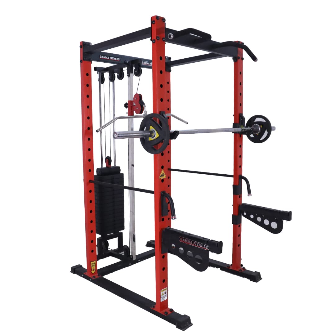 Gamma Fitness Power Squat Rack Commercial Heavy Duty with Rubberised J-Hooks & Protective Spotters | for Professional Total Body Workout (3 Varients) (Power Rack with Half Crossover PR-22 Luxury)