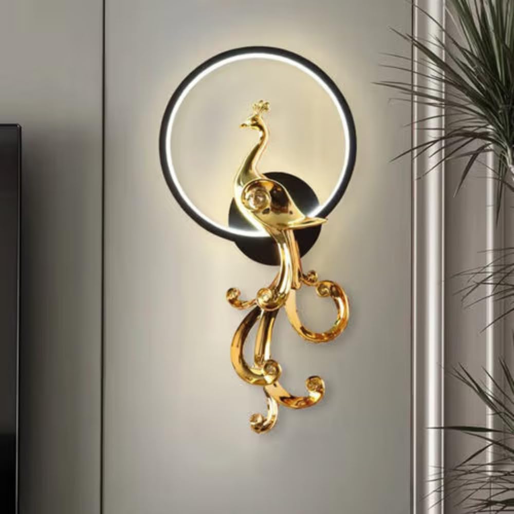 HaloPeacock Wall Light – Modern Luxury Peacock Wall Sconce with LED Halo Ring, Golden Decorative Wall Lamp for Living Room, Bedroom, Hallway, Hotel & Interior Accent Lighting