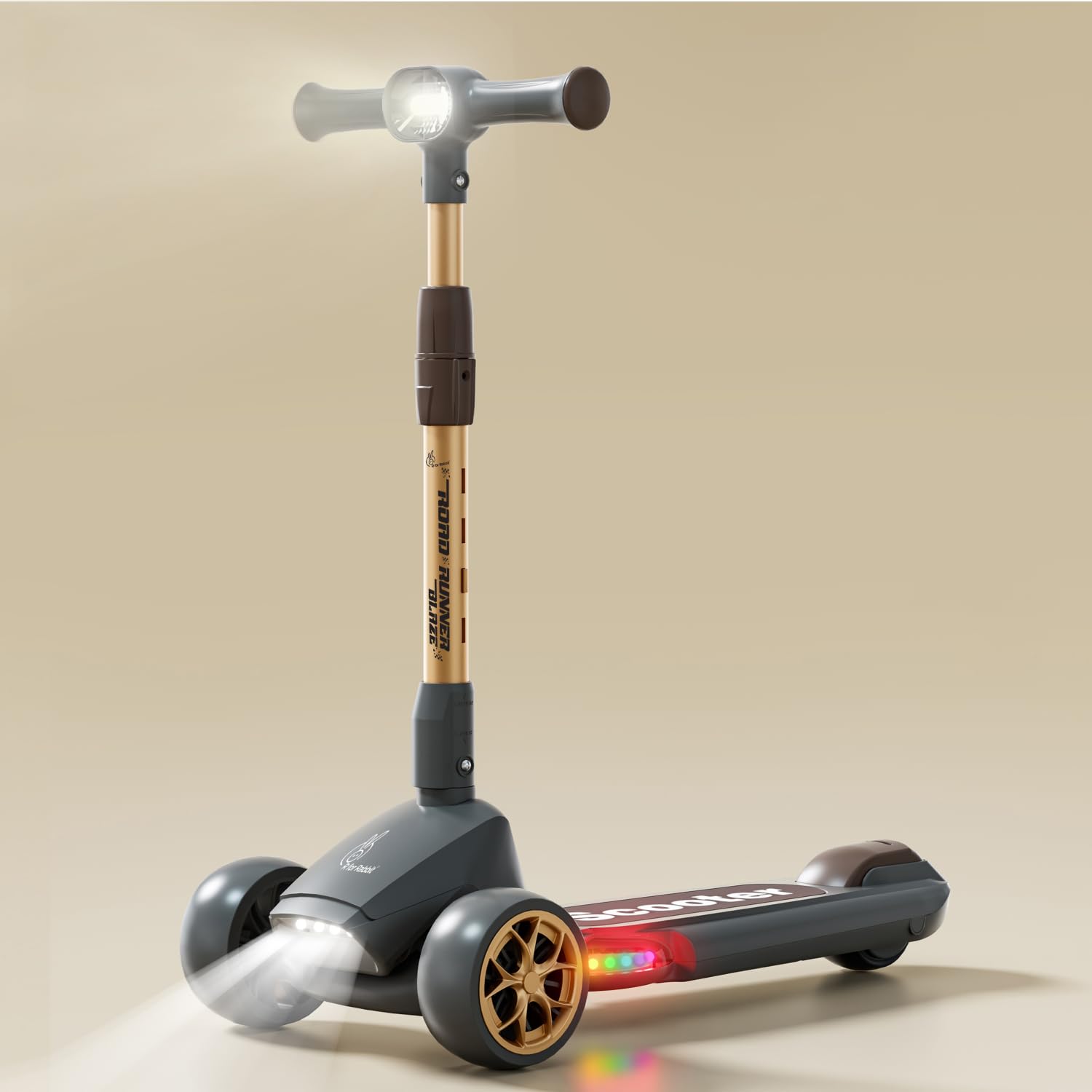 R for Rabbit Road Runner Blaze Foldable Kick Scooter for Kids with 4 Level Adjustable Height, PU LED Wheels, Lights and Music for 3+ Years Baby Boy & Girl of Upto 75kg Weight (Black Gold)