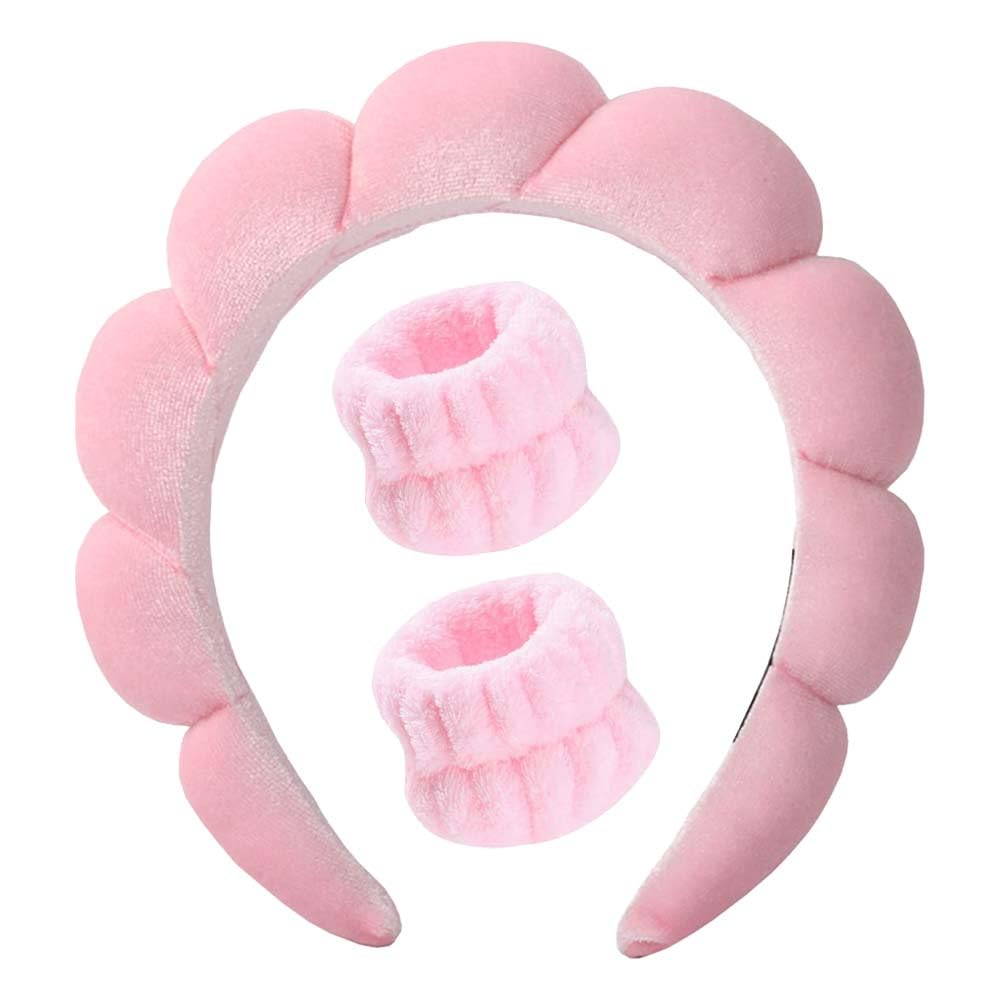 TEMPERIA Makeup Headband Wristband Set for Women & Girls | Hair Band for Facial Time | Head Bands Skincare Hairband for Spa | 3 Pieces Set | Pink