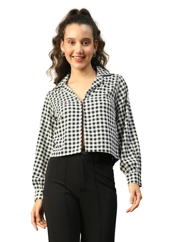 oxolloxo Women Long Sleeve Open Collared Button Down Crop Shirt