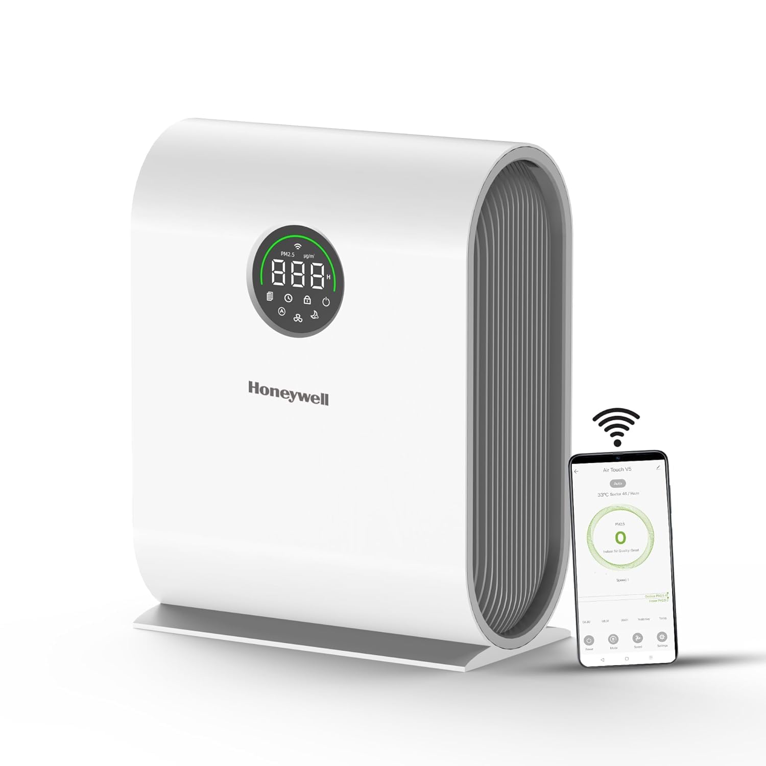 Honeywell Air Purifier for Home, 4-Stage Filtration, Covers 589 sq.ft,H13 HEPA, WiFi App&Voice Control, Filter Life Upto 9000 Hrs, Removes 99.99% PM2.5, AQI LED Display White – Air Touch V5