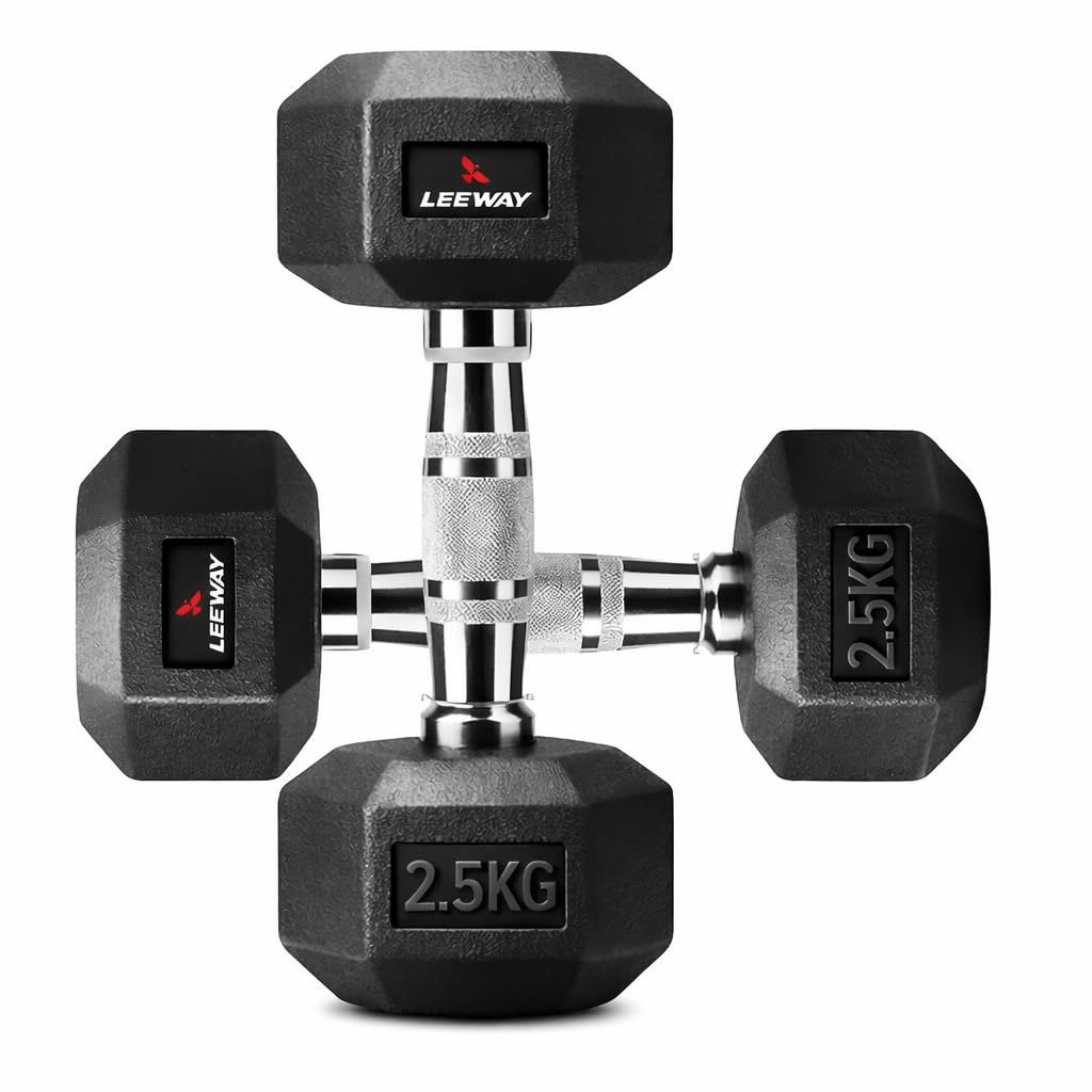 LEEWAY 2.5 Kg Dumbbell Set of 2 | Rubber Coated Hex Dumbbells | (2.5kg Pair) Total 5 Kg Weight for Home Gym Workout & Strength Training | Non-Slip Grip | Cast iron Fix Weight Hex Dumbble