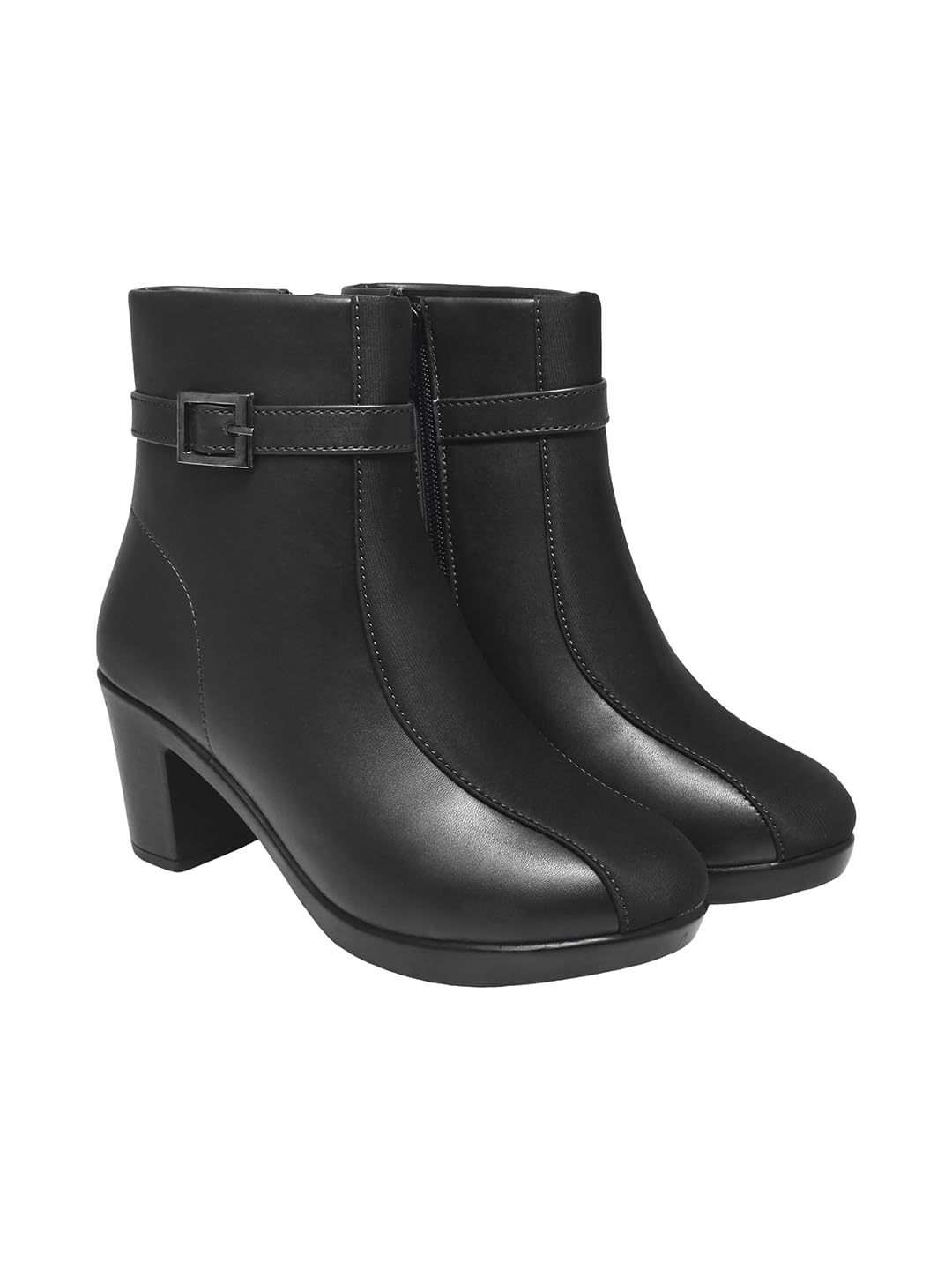 Women’s Faux Leather Ankle Boots with Mid Heel and Buckle Strap || Side Zipper Comfort Booties for Fall & Winter
