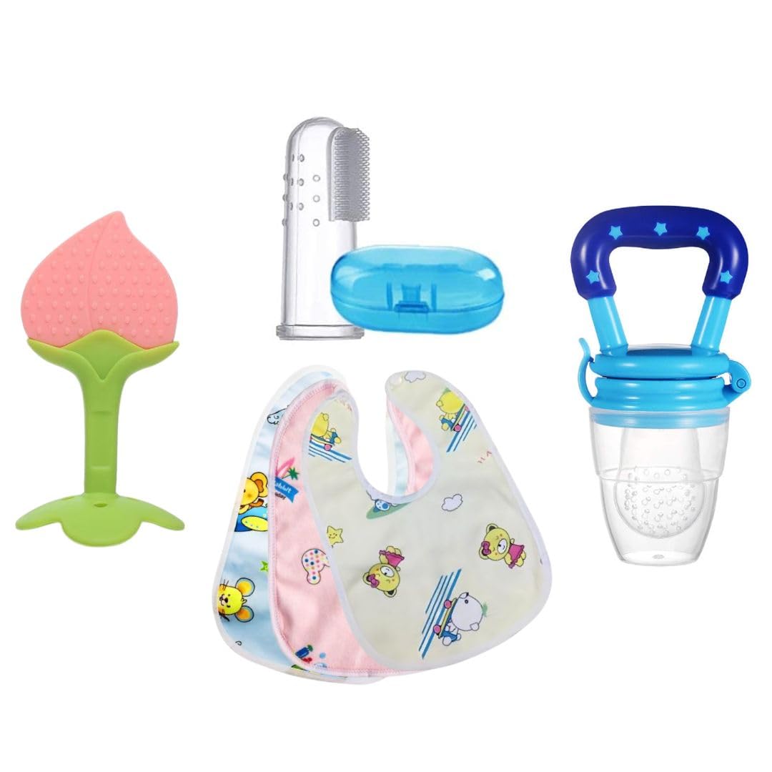 Baby Feeding & Teething Combo Kit | Silicone BPA Free Teether, Finger Toothbrush, Food Feeder & Bib | Complete Infant Oral Care Set for Newborn 0–6 & 6–12 Months